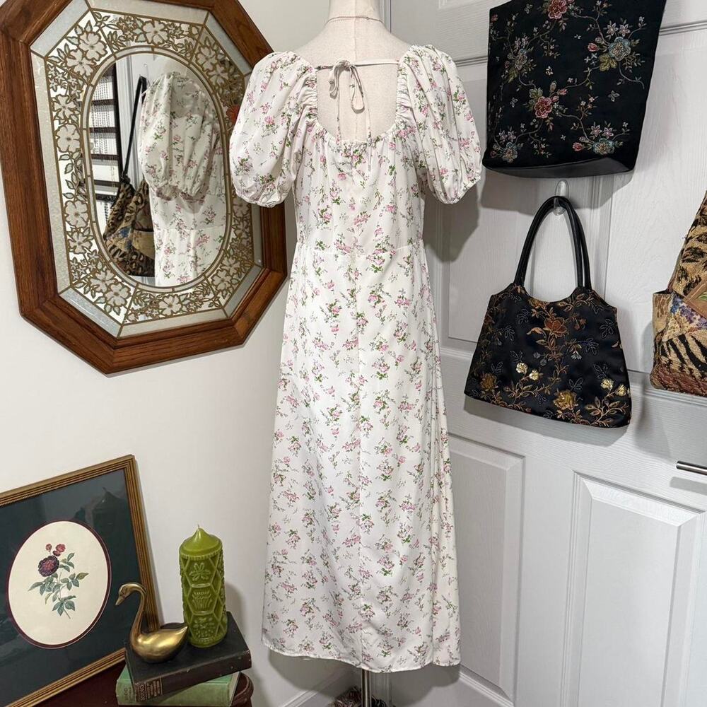 NooR White & Pink Floral Pattern Cottagecore Puff Sleeve Milkmaid Midi Dress - Picture 5 of 8